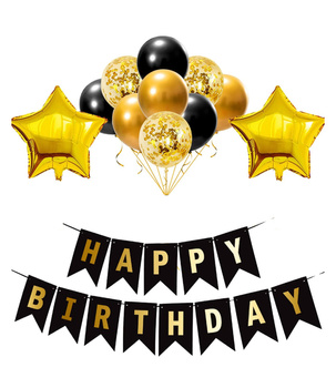 Zestaw balonów urodzinowych czarno-złoty + baner Happy Birthday