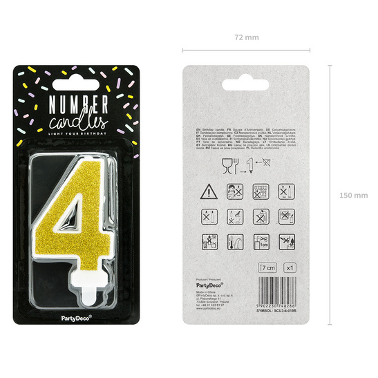 Świeczka urodzinowa złoty brokat cyfra 4 cztery
