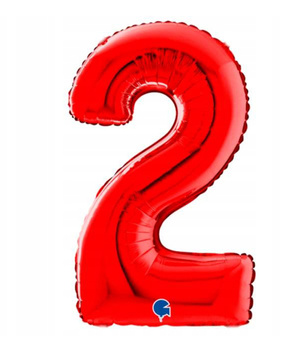Czerwony balon foliowy cyfra 2 – 66 cm Grabo, oszczędny w zużyciu helu