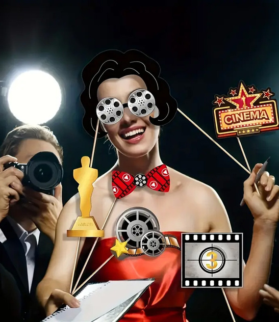 Zestaw gadżetów filmowych do zdjęć – Hollywood, Oscar, kino party
