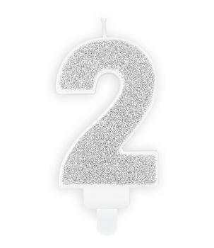 Świeczka urodzinowa srebrna brokat cyfra 2 dwa