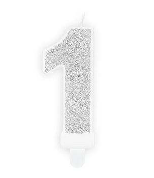 Świeczka urodzinowa srebrna brokat cyfra 1 jeden
