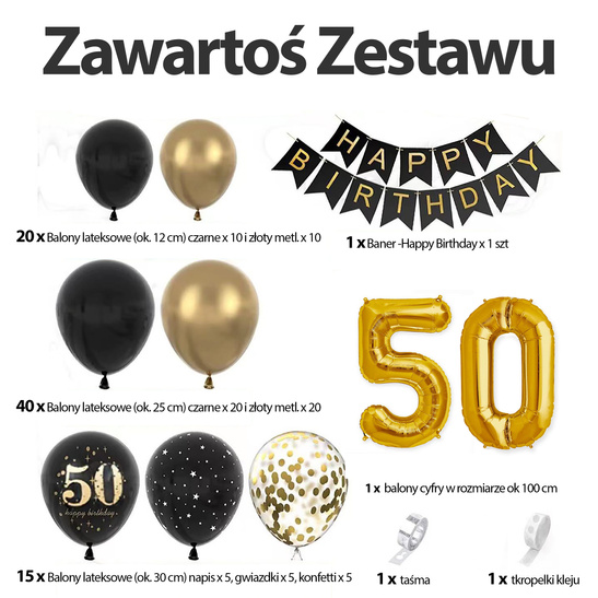 Zestaw Balonów Urodzinowych 50 Urodziny Czarno Złoty XXL Dekoracje