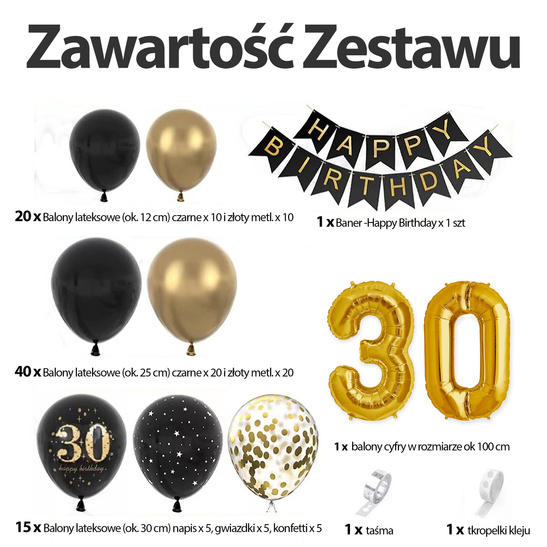 Zestaw Balonów Urodzinowych 30 Urodziny Czarno Złoty XXL Dekoracje