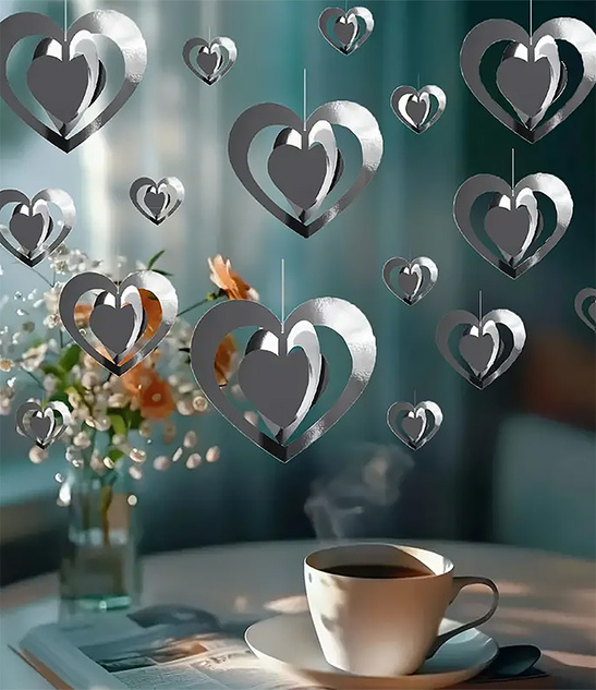 Serca dekoracyjne 3D srebrne 16 szt. z wstążką – zawieszki sufitowe