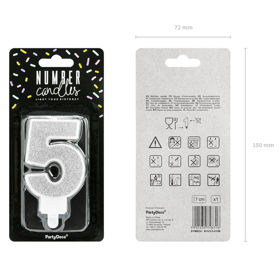 Świeczka urodzinowa srebrna brokat cyfra 5 pięć