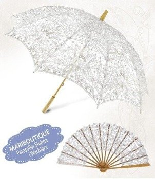 Komplet ślubny Mariboutique – biały parasol i wachlarz koronkowy vintage