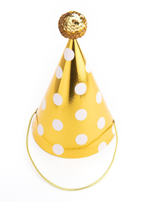Czapeczki urodzinowe złote w grochy - 5szt.