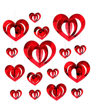 Serca dekoracyjne 3D czerwone 16 szt. z wstążką – zawieszki sufitowe