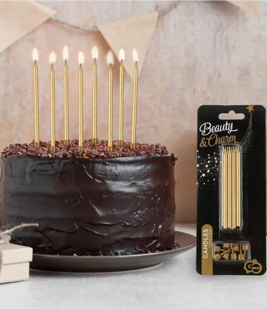 Świeczki urodzinowe złote 10 cm 8 szt. metaliczne + podstawki