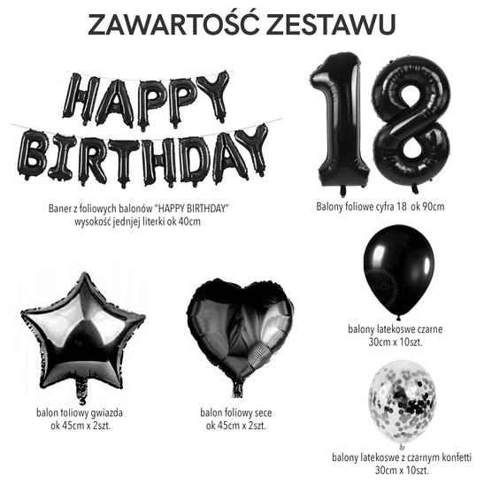 Zestaw urodzinowy czarny 18 urodziny