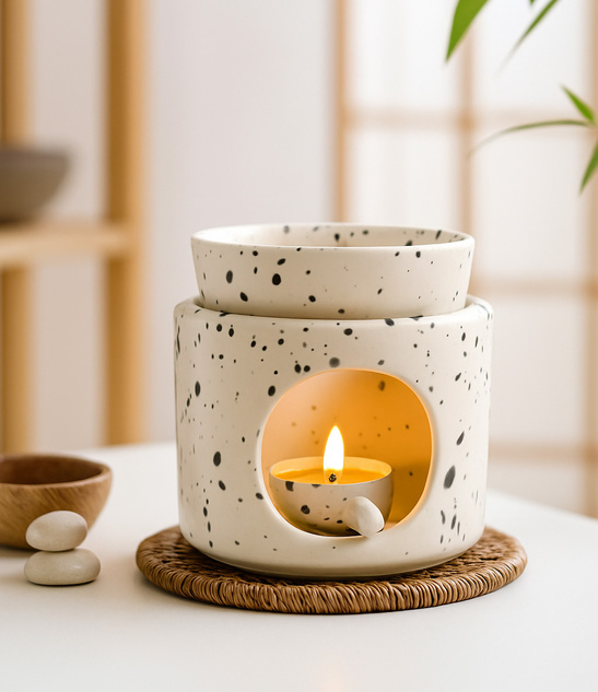 Ceramiczny kominek zapachowy biały nakrapiany 10×9,5cm do aromaterapii