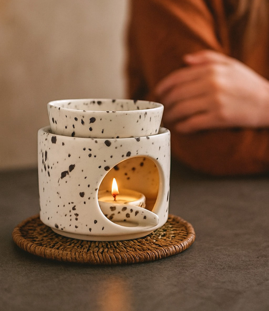 Ceramiczny kominek zapachowy biały nakrapiany 10×9,5cm do aromaterapii