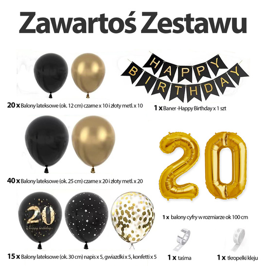 Zestaw Balonów Urodzinowych 20 Urodziny Czarno Złoty XXL Dekoracje