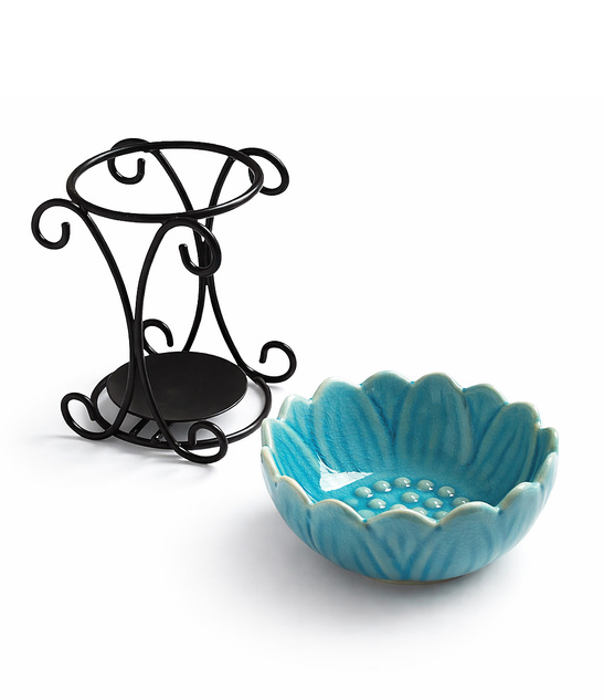 Kominek zapachowy ceramiczny turkusowy z metalową podstawą