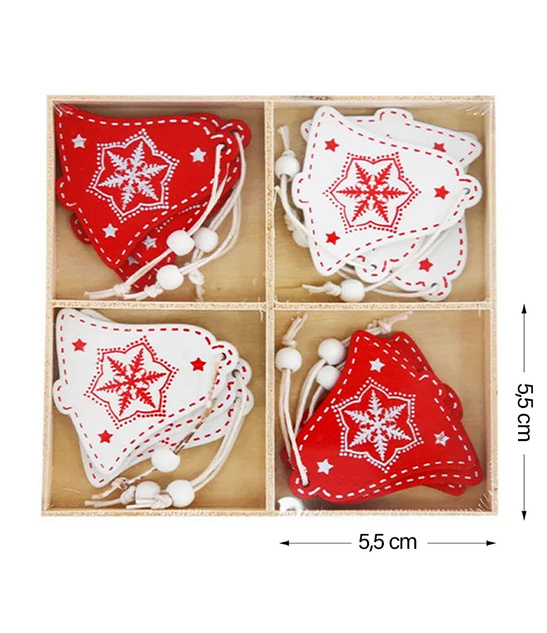 Świąteczne ozdoby – Dzwonki, 12 szt., czerwono-białe drewno