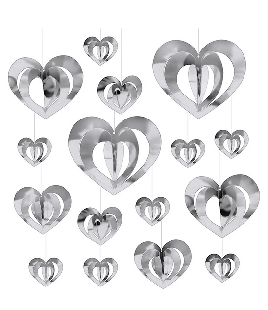 Serca dekoracyjne 3D srebrne 16 szt. z wstążką – zawieszki sufitowe