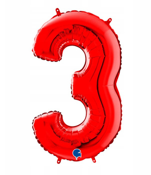 Czerwony balon foliowy cyfra 3 – 66 cm Grabo, oszczędny w zużyciu helu