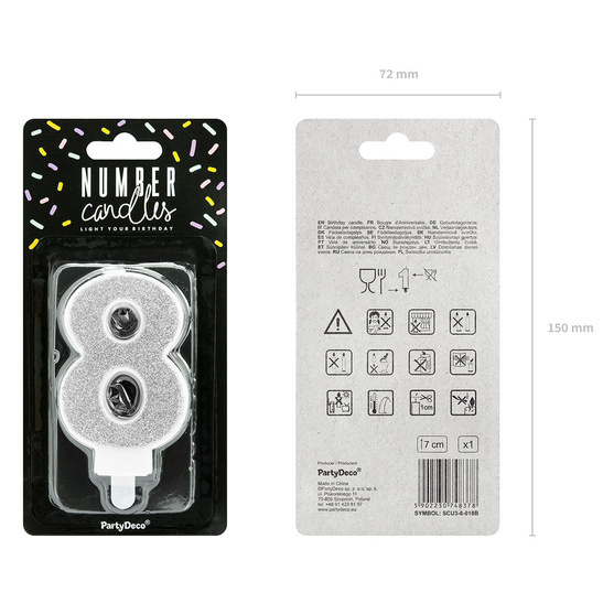 Świeczka urodzinowa srebrna brokat cyfra 8 osiem