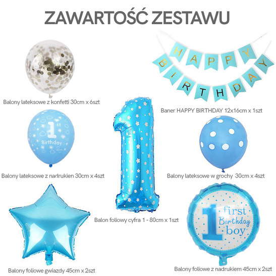 Zestaw balonów 1 urodziny ROCZEK - 20szt