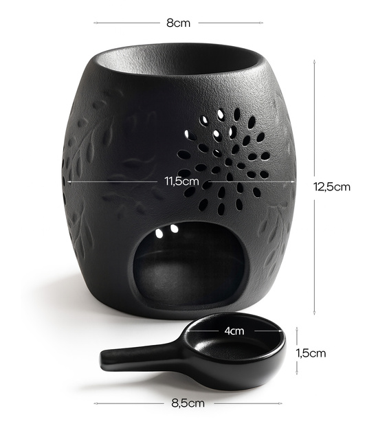 Czarny ceramiczny kominek aromaterapeutyczny z wzorem i tłoczeniem