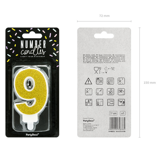 Świeczka urodzinowa złoty brokat cyfra 9 dziewięć