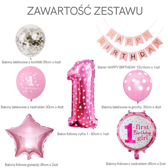 Zestaw balonów 1 urodziny ROCZEK - 20szt