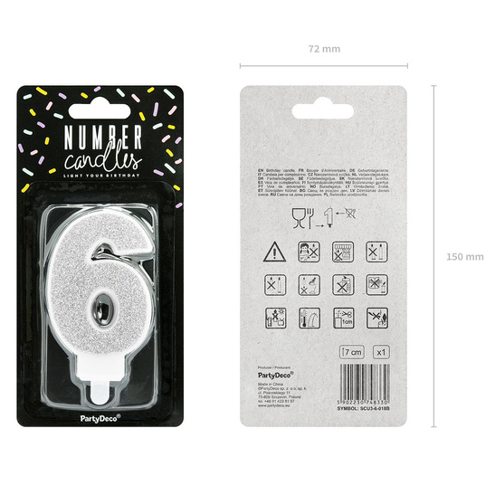 Świeczka urodzinowa srebrna brokat cyfra 6 sześć