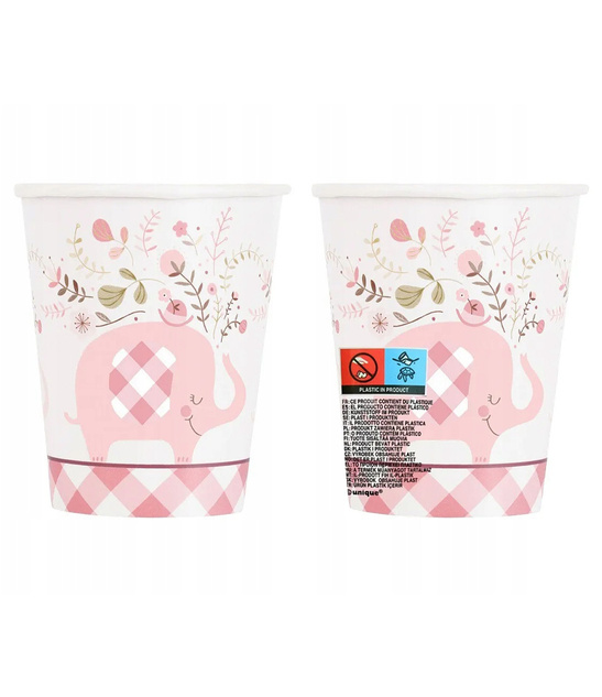 Kubki Papierowe na Baby Shower – Różowy Słonik 266 ml, 8 szt.