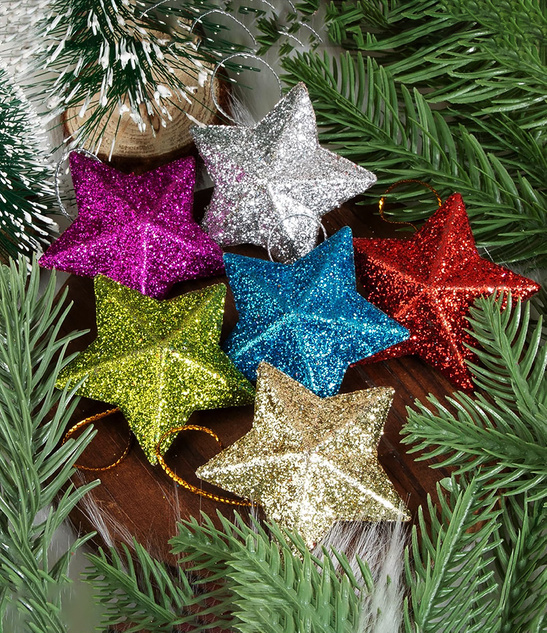 Ozdoby Choinkowe Gwiazdki 6 szt. – Brokatowe Dekoracje Świąteczne 5 cm