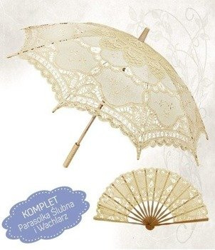 KOMPLET Classic Lace  - Ecru Parasol Koronkowy + Wachlarz