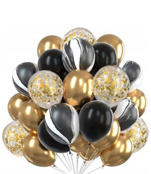 Zestaw balonów czarno-złotych z konfetti 30 szt. – marmurkowe
