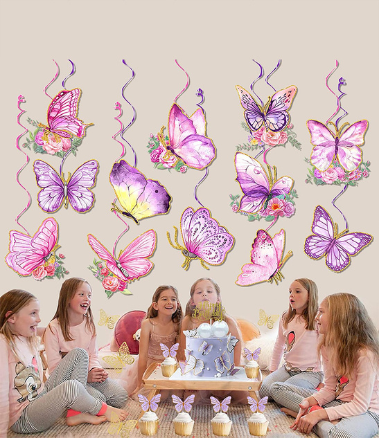 Motylki Wiszące Dekoracje Party Zestaw 12szt. + Serpentyny