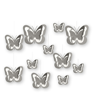 Motyle 3D srebrne – dekoracja wisząca 11 szt. na sufit i ścianę
