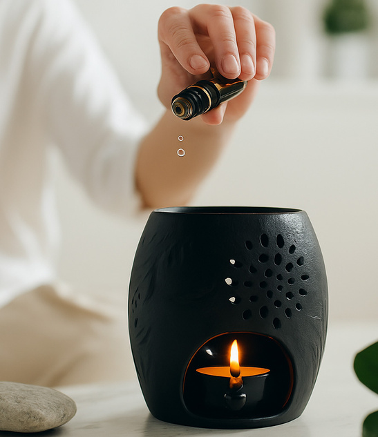 Czarny ceramiczny kominek aromaterapeutyczny z wzorem i tłoczeniem