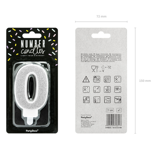 Świeczka urodzinowa srebrna brokat cyfra 0 zero
