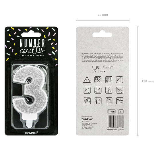 Świeczka urodzinowa srebrna brokat cyfra 3 trzy