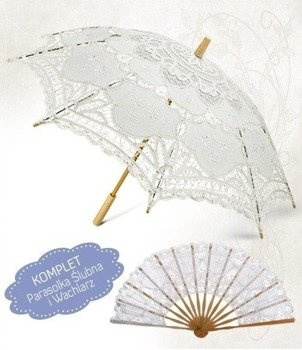 KOMPLET Classic Lace  - Bialy Parasol Koronkowy + Wachlarz