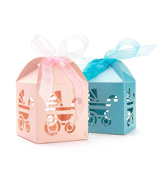 Pudełeczko prezentowe wózek – białe Dekoracja na baby shower, chrzest