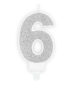 Świeczka urodzinowa srebrna brokat cyfra 6 sześć