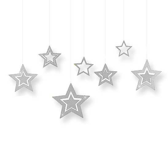 Ozdoba GWIAZDY wiszące srebrne 7 szt. – brokatowe dekoracje