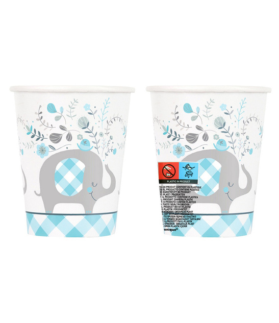 Kubki Papierowe na Baby Shower – Niebieski Słonik 266 ml, 8 szt.