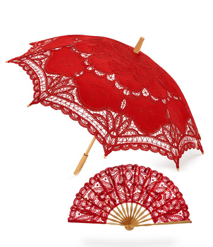 KOMPLET Classic Lace  - Czerwony Parasol Koronkowy + Wachlarz