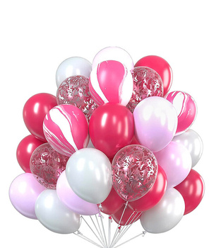 Zestaw balonów 30 szt. fuksja, marmurkowe i konfetti – na ślub, urodziny