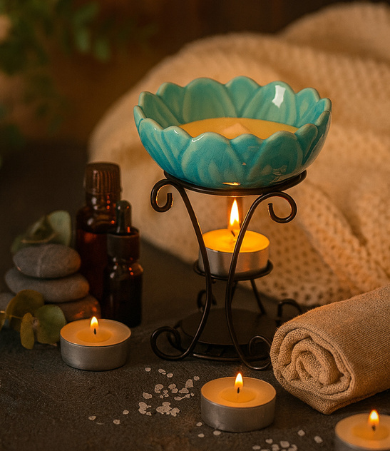 Kominek zapachowy ceramiczny turkusowy z metalową podstawą