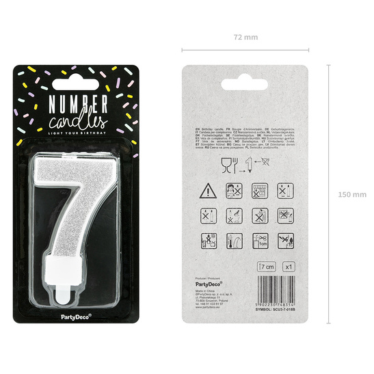Świeczka urodzinowa srebrna brokat cyfra 7 siedem