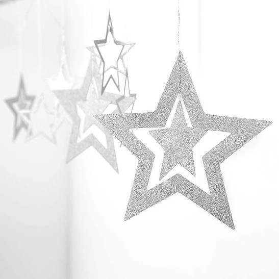 Ozdoba GWIAZDY wiszące srebrne 7 szt. – brokatowe dekoracje