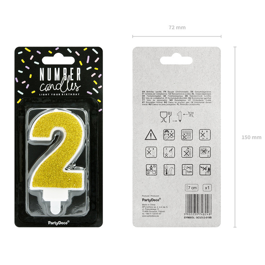 Świeczka urodzinowa złoty brokat cyfra 2 dwa