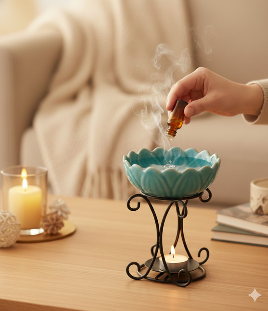 Kominek zapachowy ceramiczny turkusowy z metalową podstawą
