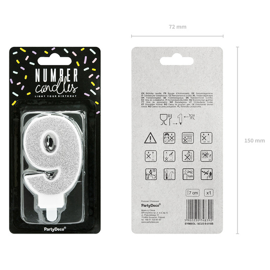 Świeczka urodzinowa srebrna brokat cyfra 9 dziewięć